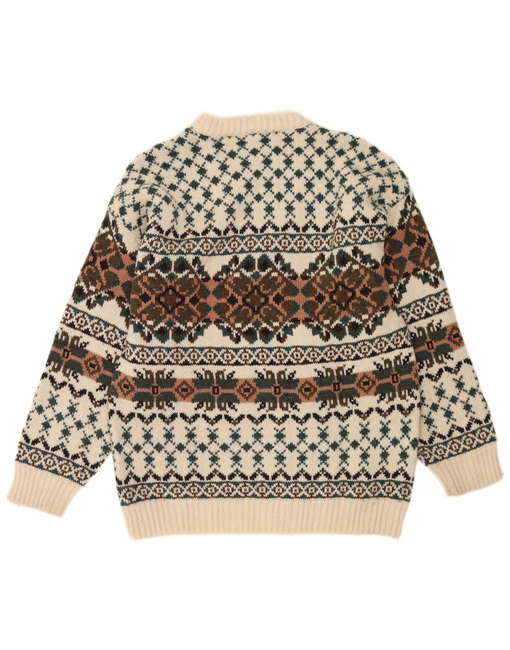 Maglione maglione girocollo da uomo vintage IT 50 lana Fair Isle bianca media