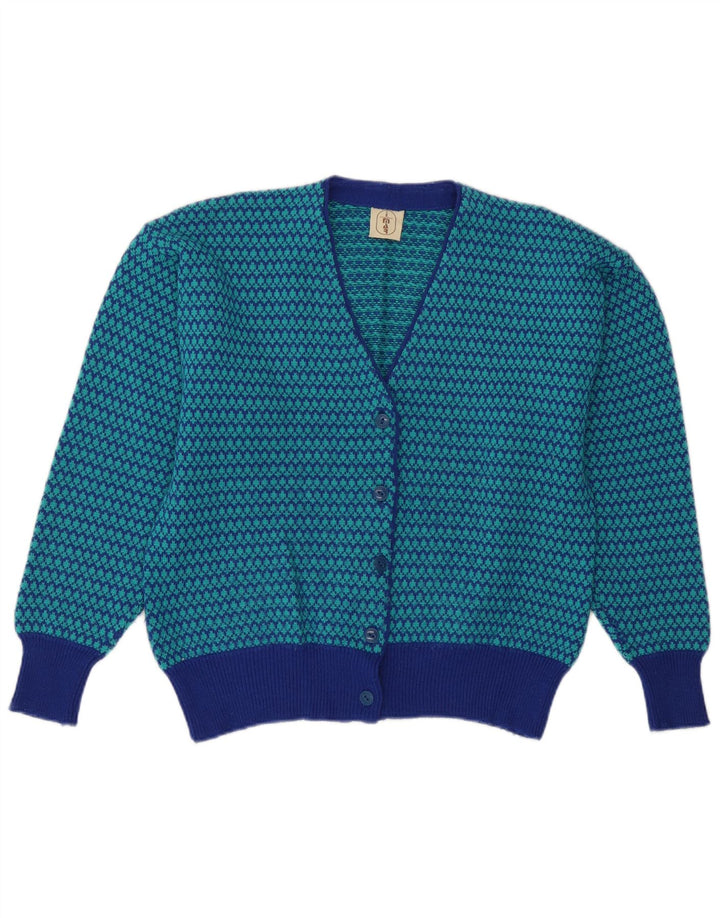 Maglione cardigan da donna vintage UK 14 lana pied de poule blu medio