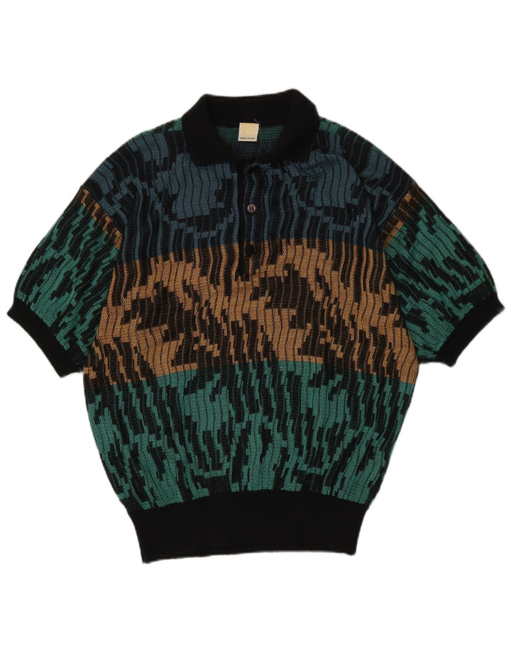 Maglione vintage da uomo con collo a polo e motivo astratto IT 48 medio Multico