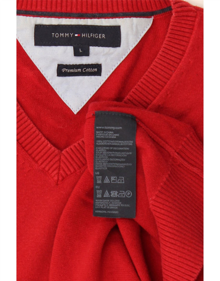 TOMMY HILFIGER Mens V-Neck Jumper Sweater Large Red Cotton Vintage Tommy Hilfiger and Second-Hand Tommy Hilfiger from Messina Hembry 