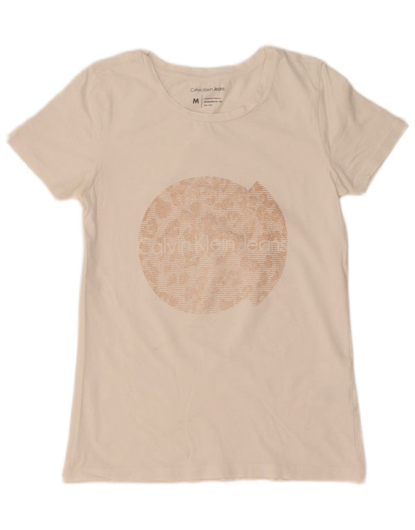 Maglietta grafica da donna Calvin Klein Jeans Top UK 12 cotone bianco medio