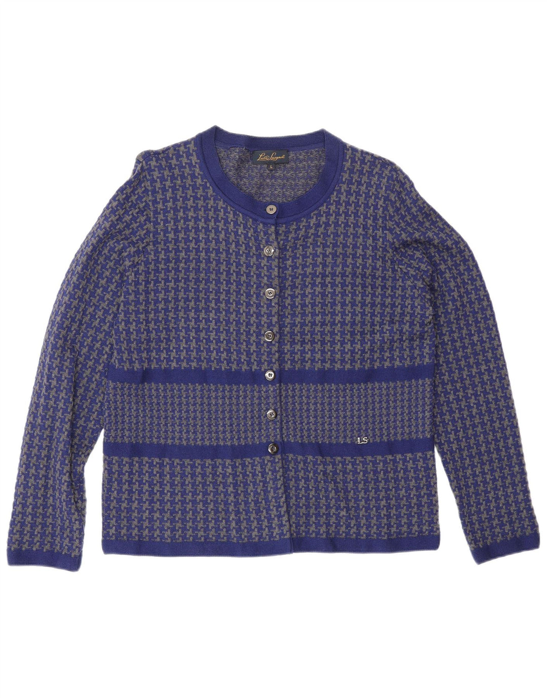 Luisa Spagnoli maglione cardigan da donna UK 16 grande lana pied de poule blu