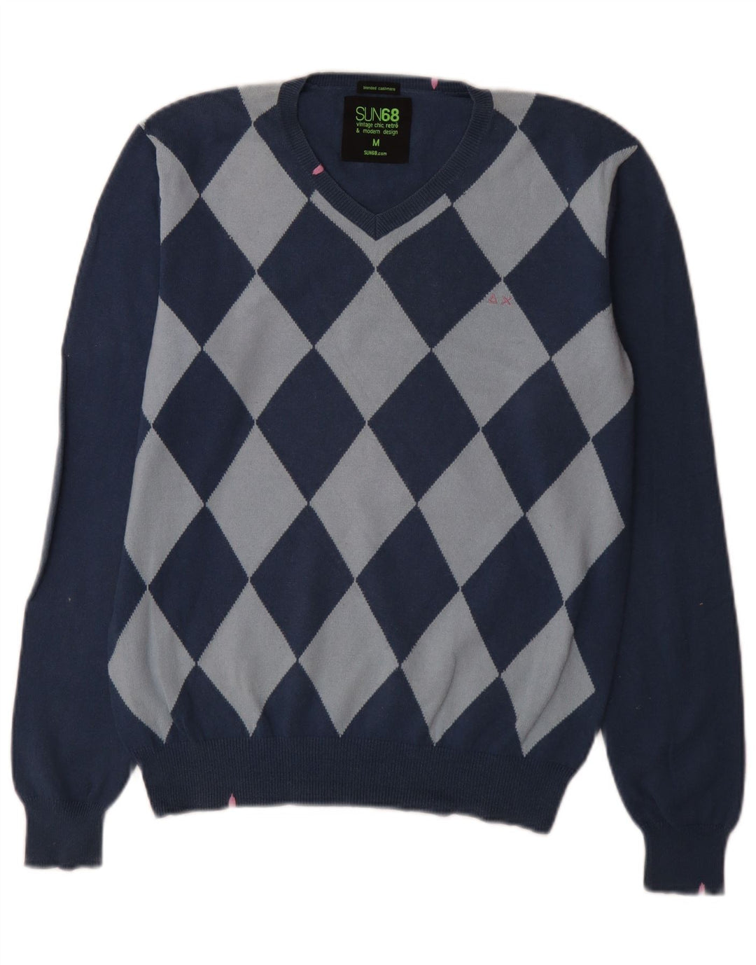 Maglione da uomo con scollo a V Sun68 blu medio argyle/cotone diamante