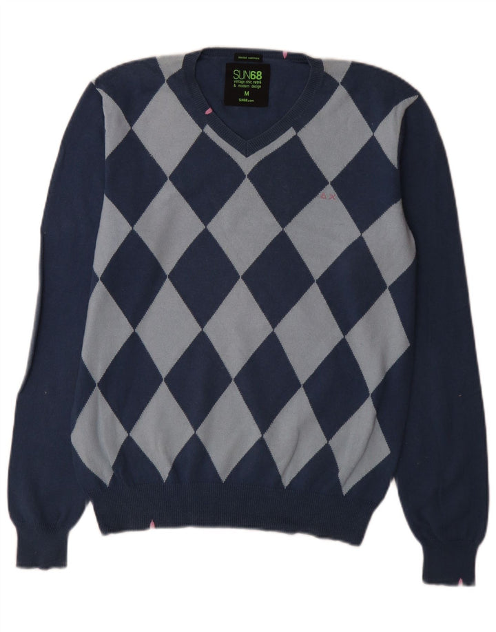 Maglione da uomo con scollo a V Sun68 blu medio argyle/cotone diamante