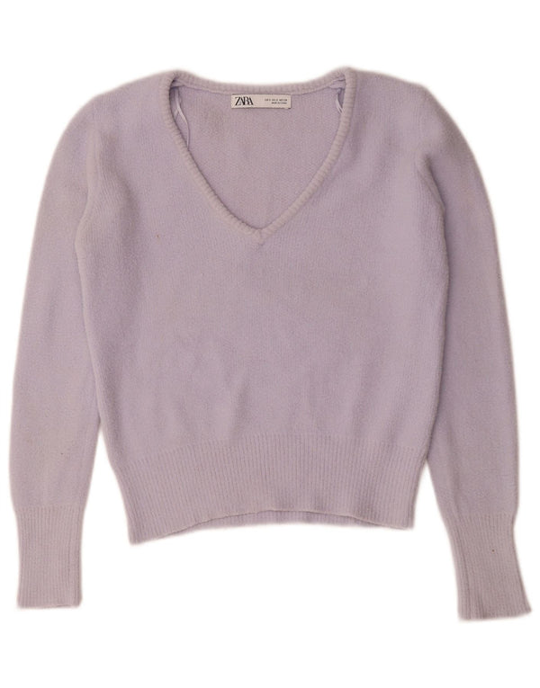 Maglione corto con scollo a V da donna Zara UK 10 piccolo nylon viola