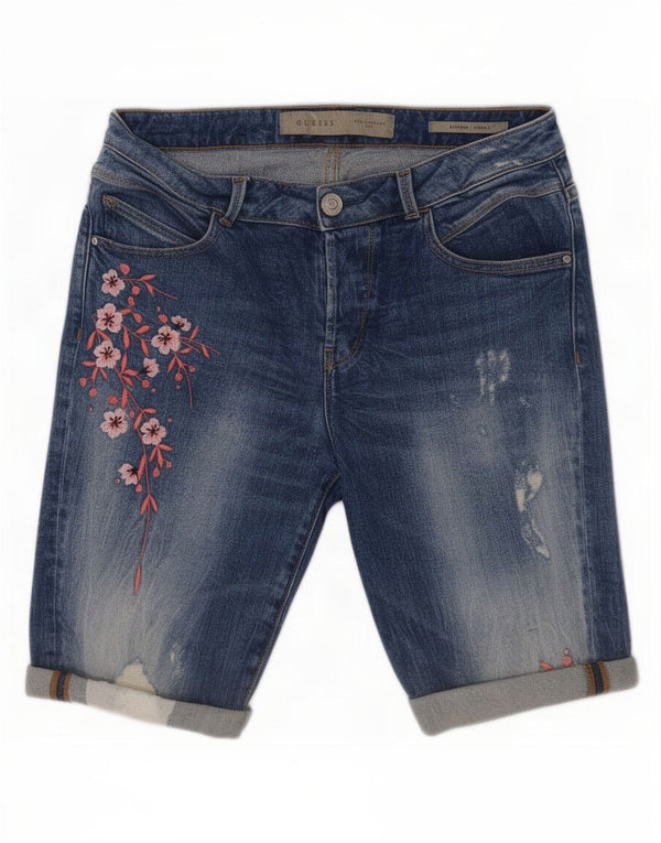 Guess Pantaloncini di jeans invecchiati da donna W28 Cotone floreale blu medio
