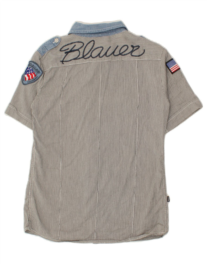 BLAUER Boys Graphic Short Sleeve Shirt 13-14 Years Grey Striped Cotton Vintage Blauer and Second-Hand Blauer from Messina Hembry 