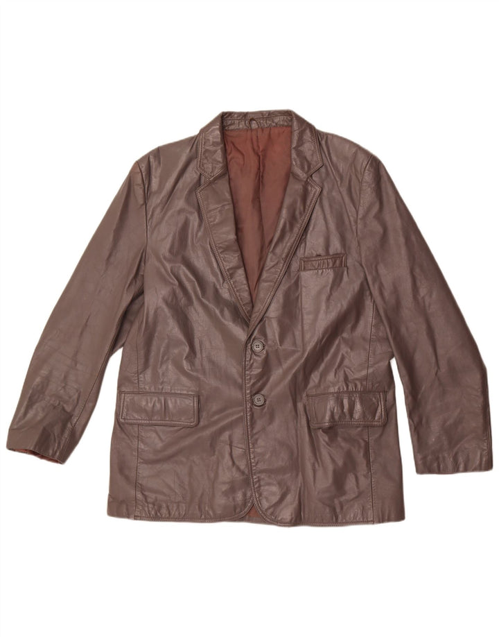 Giacca blazer in pelle vintage da uomo a 2 bottoni UK 44 2XL in pelle marrone