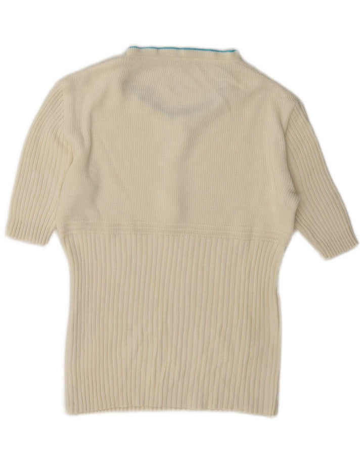 Maglione vintage da donna con collo dolcevita e volant UK 12 bianco medio