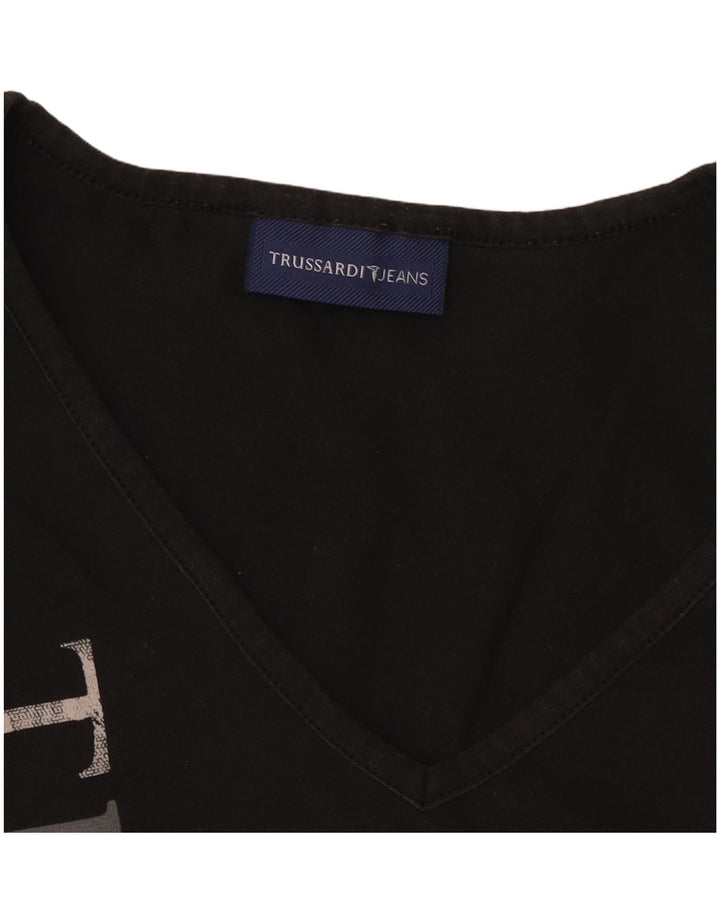 TRUSSARDI JEANS Top corto da donna con grafica manica lunga UK 14 Large Nero