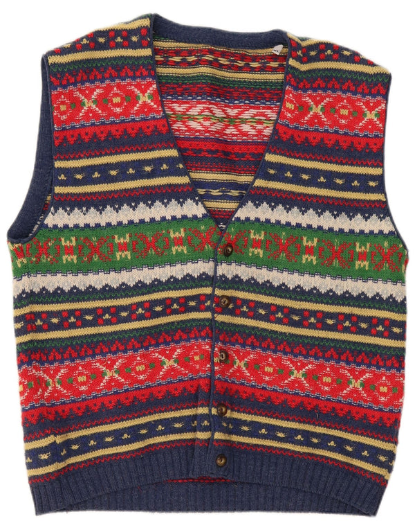 Maglione cardigan senza maniche vintage da uomo XL in lana Fair Isle multicolore