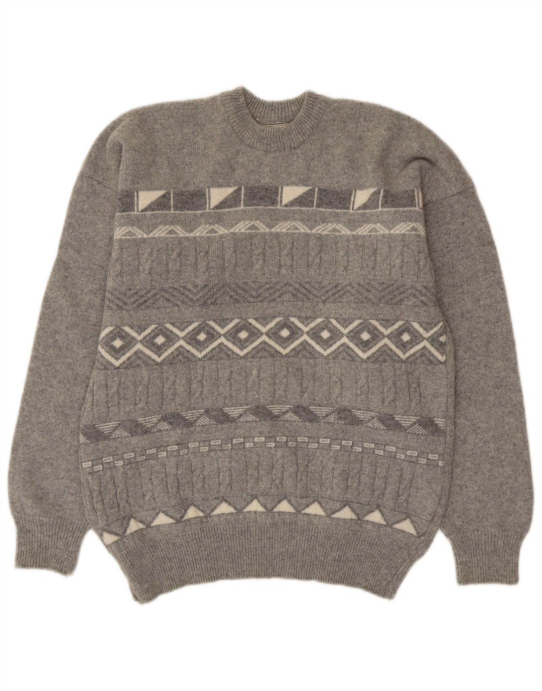 Maglione maglione girocollo da uomo vintage grigio medio geometrico