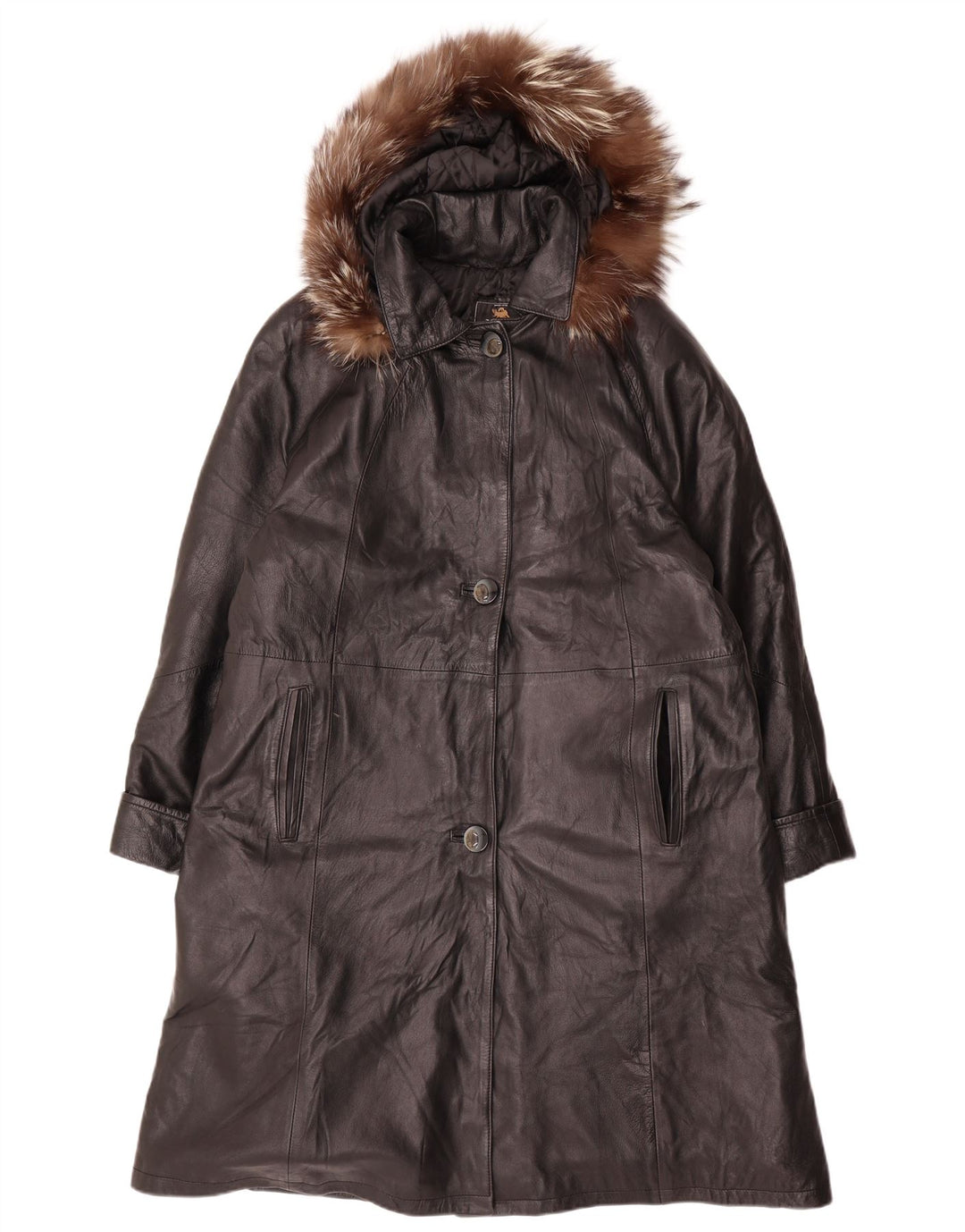 Cappotto in pelle con cappuccio oversize da donna VINTAGE UK 14 Pelle nera media
