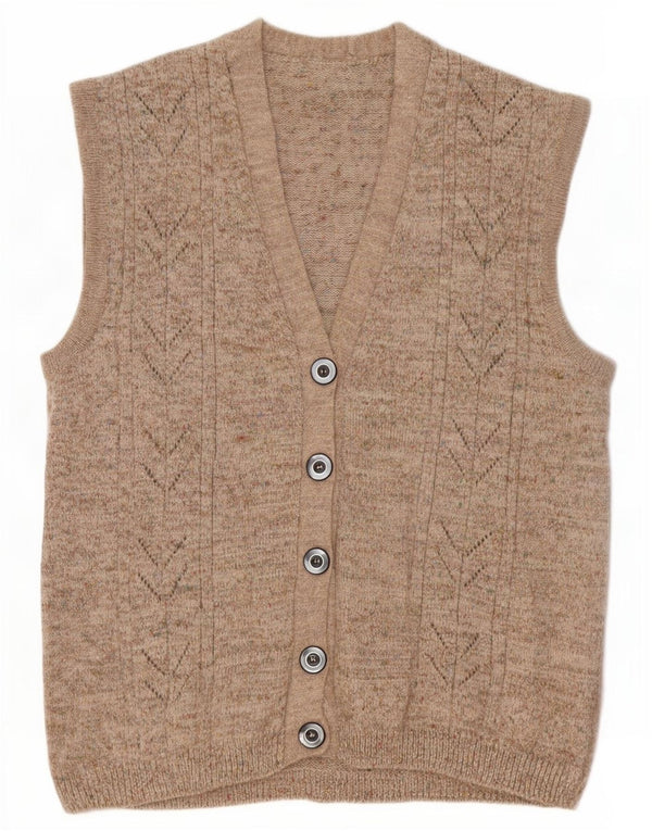 Maglione cardigan senza maniche vintage da donna UK 14 Beige medio screziato