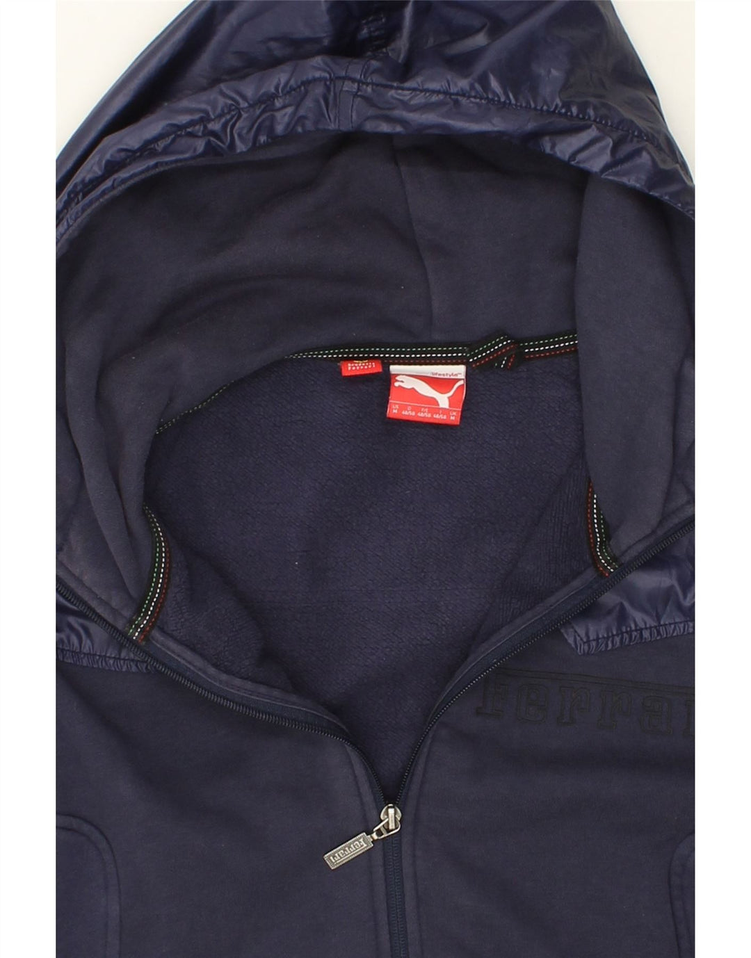 PUMA Mens Graphic Zip Hoodie Sweater Medium Navy Blue Polyester Vintage Puma and Second-Hand Puma from Messina Hembry 