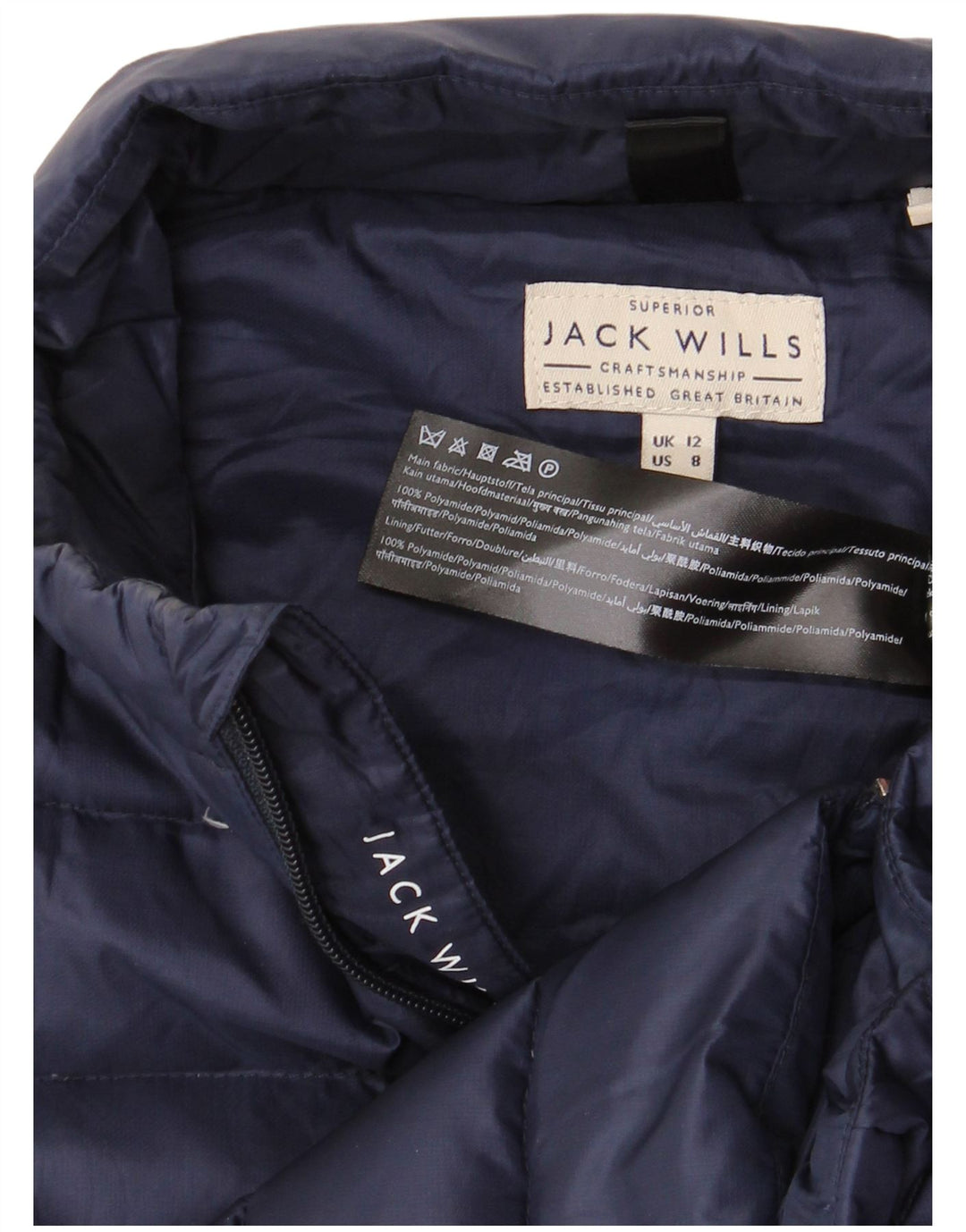 JACK WILLS Gilet imbottito da donna UK 12 medio blu navy in poliammide