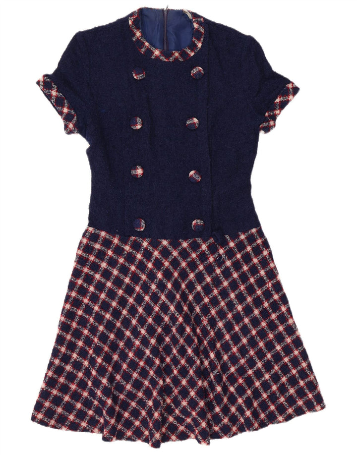 Abito a trapezio da donna VINTAGE UK 12 medio blu navy a quadri