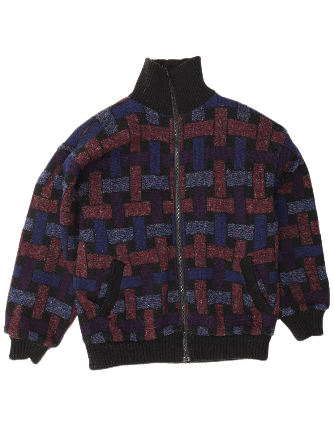Maglione cardigan da uomo VINTAGE grande geometrico multicolore