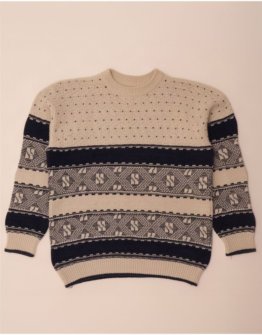 Maglione maglione girocollo da uomo vintage grande geometrico beige
