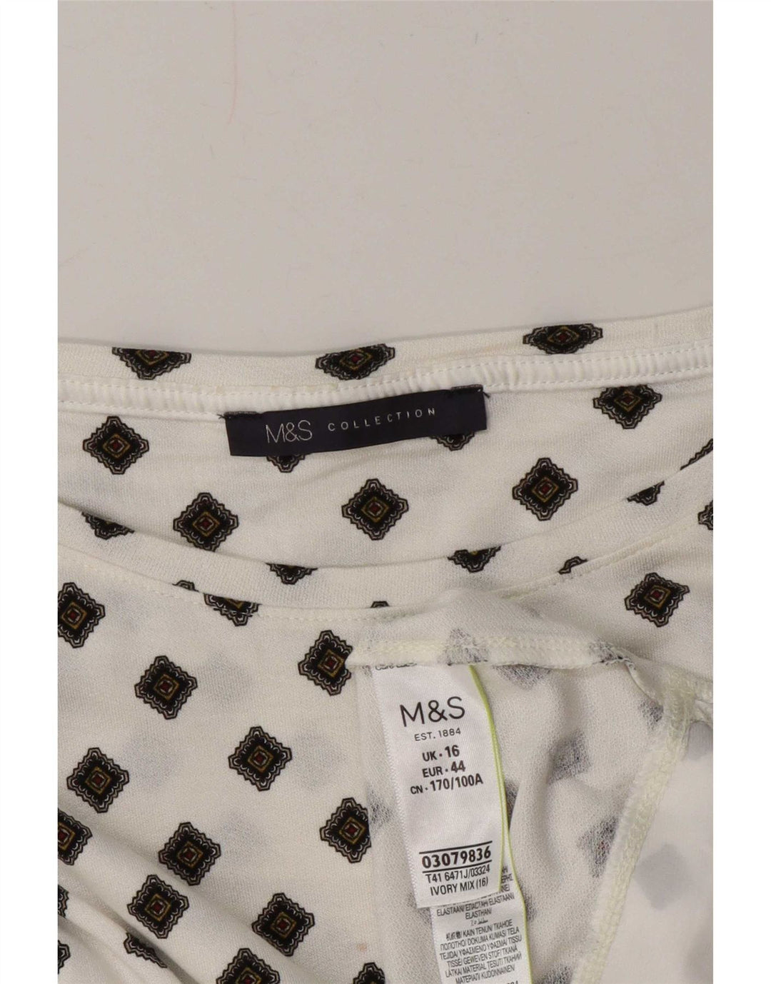 Top tunica a maniche lunghe da donna Marks & Spencer UK 16 grande bianco geometrico