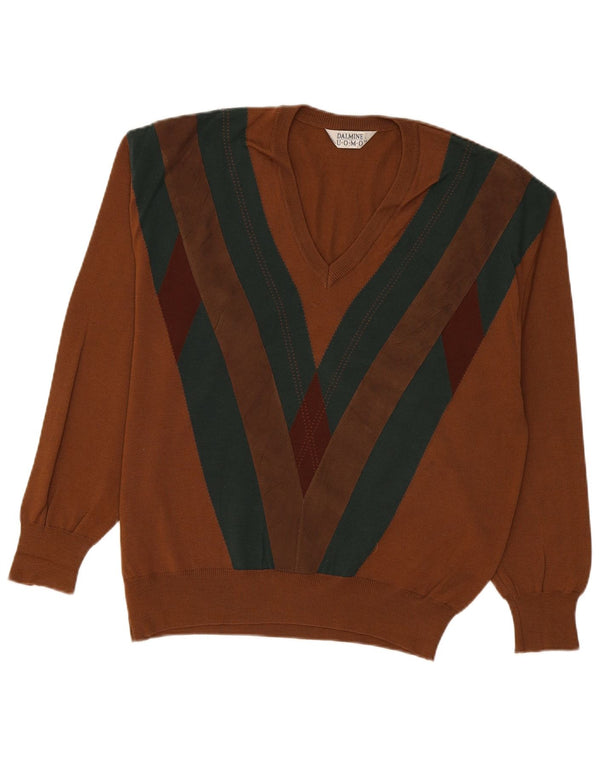 DALMINE Mens V-Neck Jumper Sweater IT 52 Large Brown Striped New Wool