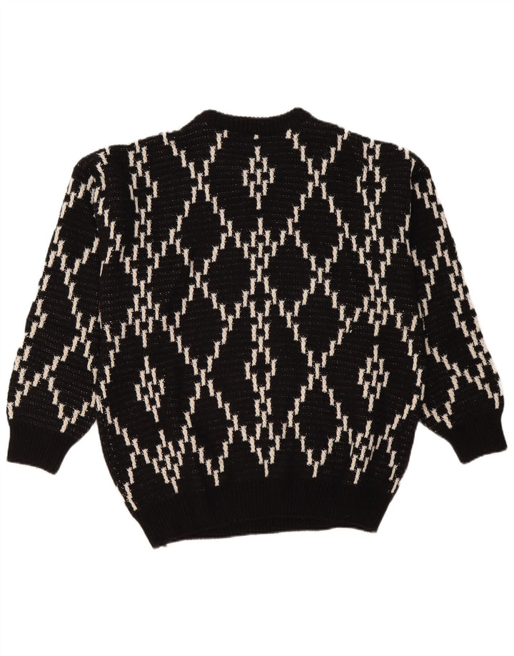 Maglione maglione girocollo vintage da uomo XL nero a rombi/lana diamante