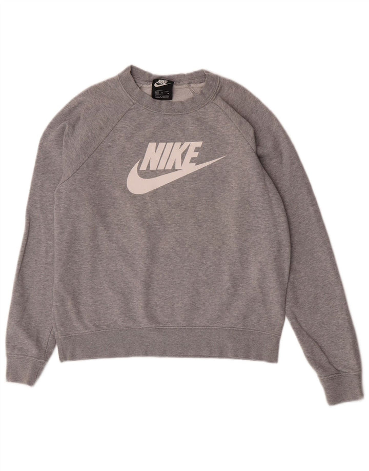 Felpa con grafica Nike da donna, maglione UK 14, cotone chiazzato grigio medio