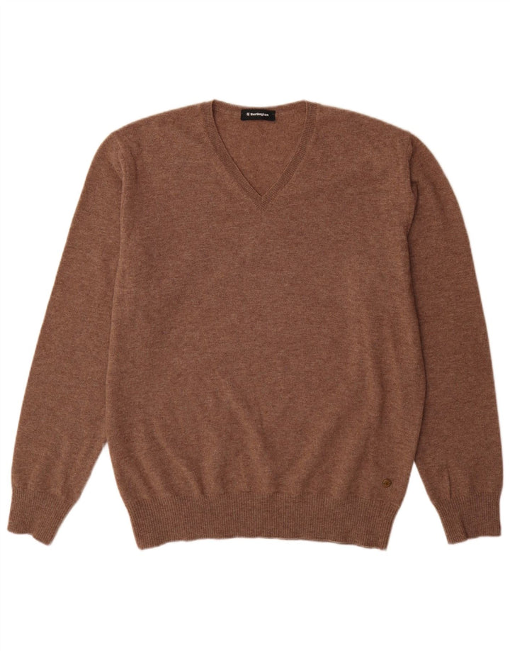 Maglione da uomo Burlington con scollo a V, grande, in lana vergine marrone