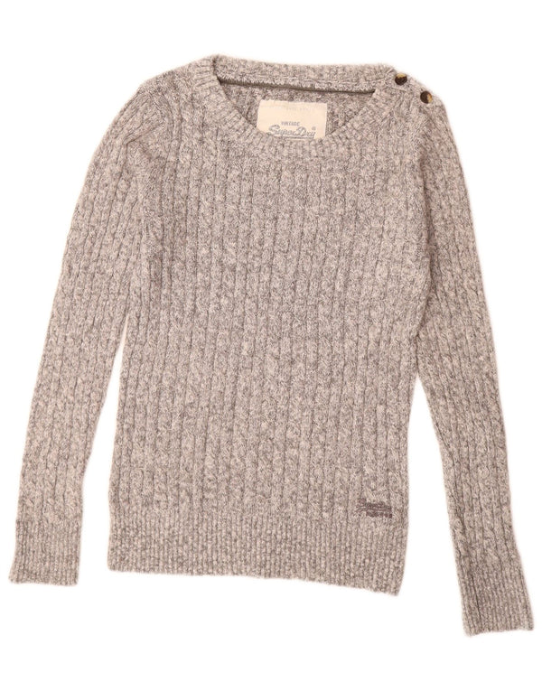 Maglione da donna con scollo a barca SUPERDRY UK 14 Grande cotone chiazzato grigio