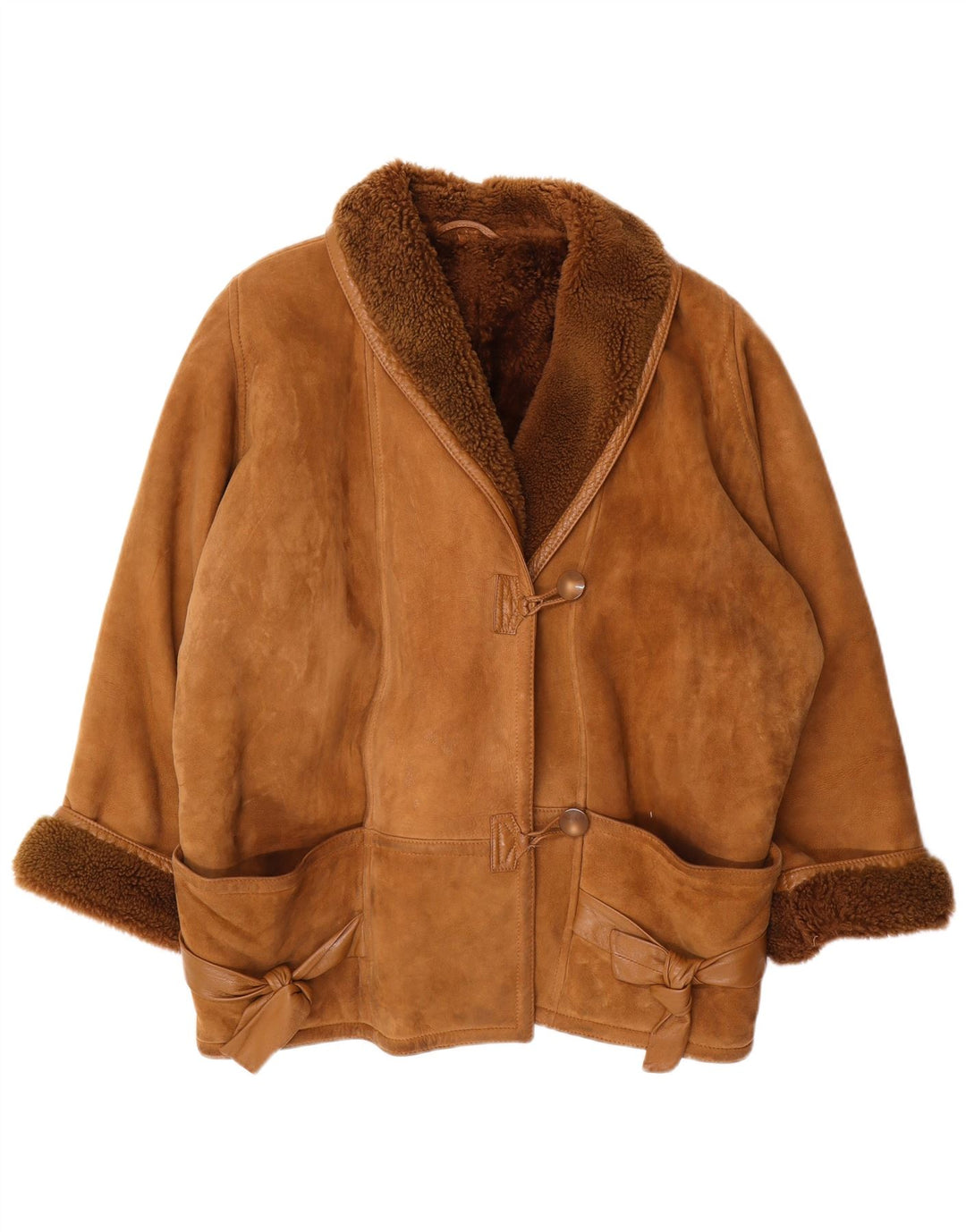 Giacca in shearling oversize da donna vintage con maniche a 3/4 EU 46 XL Marrone