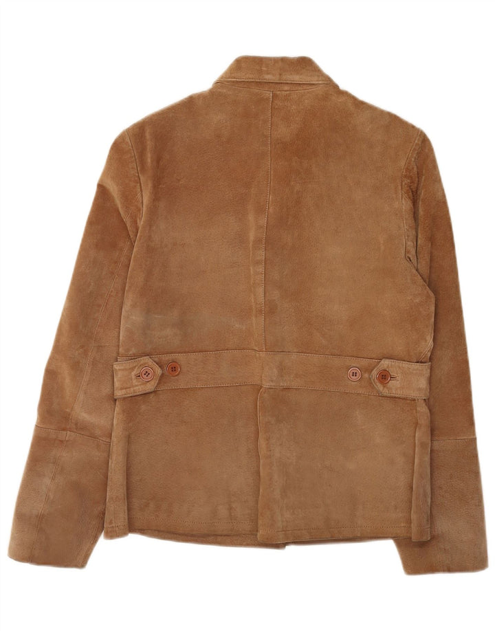 Giacca in pelle scamosciata da donna con bordo esterno UK 16 grande in pelle marrone