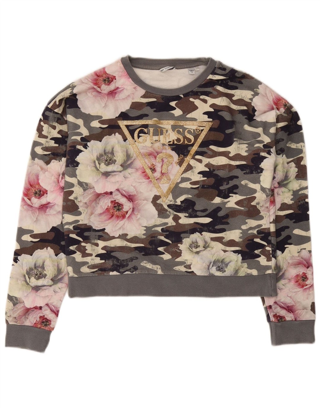 Felpa con grafica corta da donna GUESS UK 16 Large Grey Camouflage