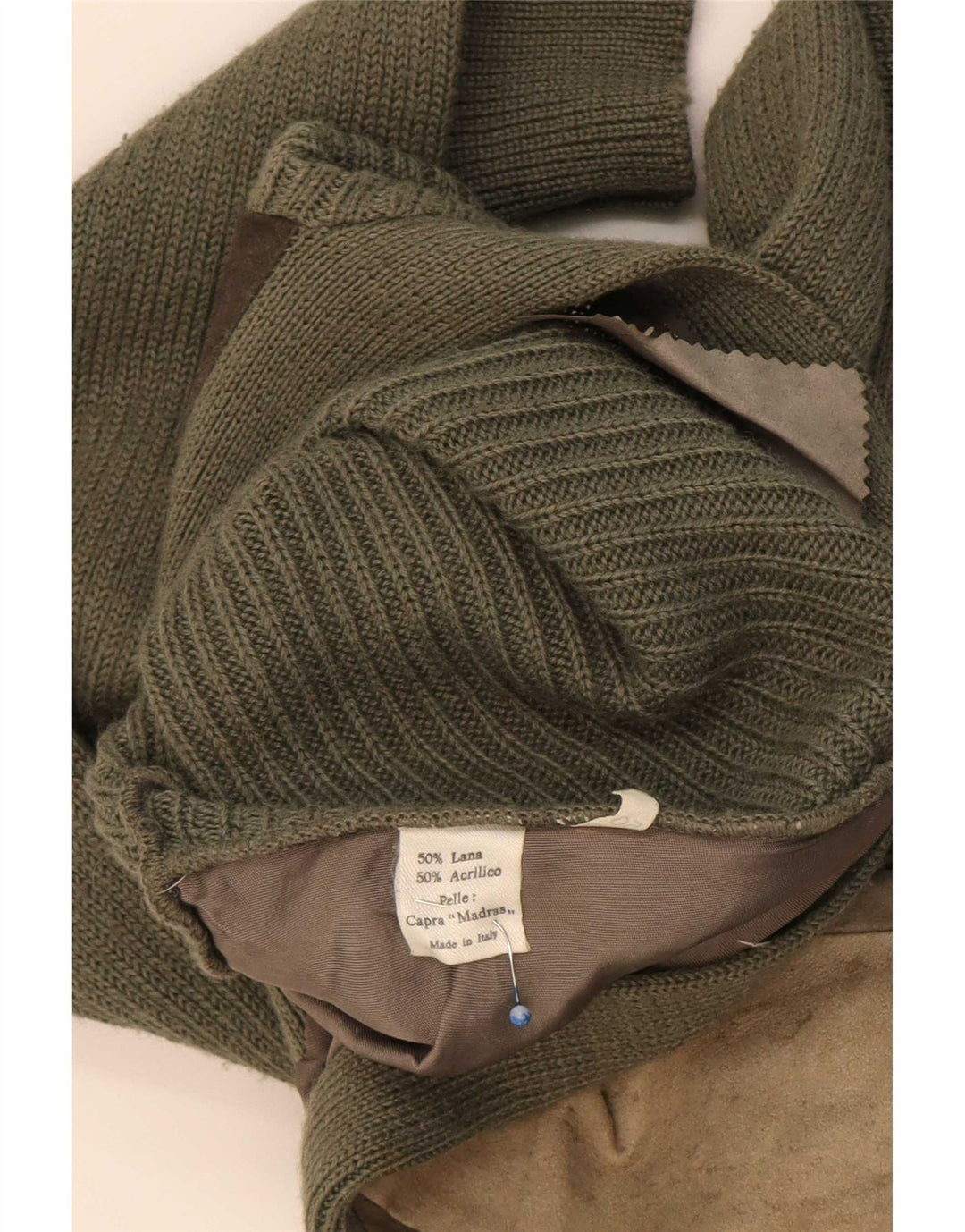 Maglione cardigan in pelle scamosciata vintage da uomo IT 50 Lana color block color kaki medio