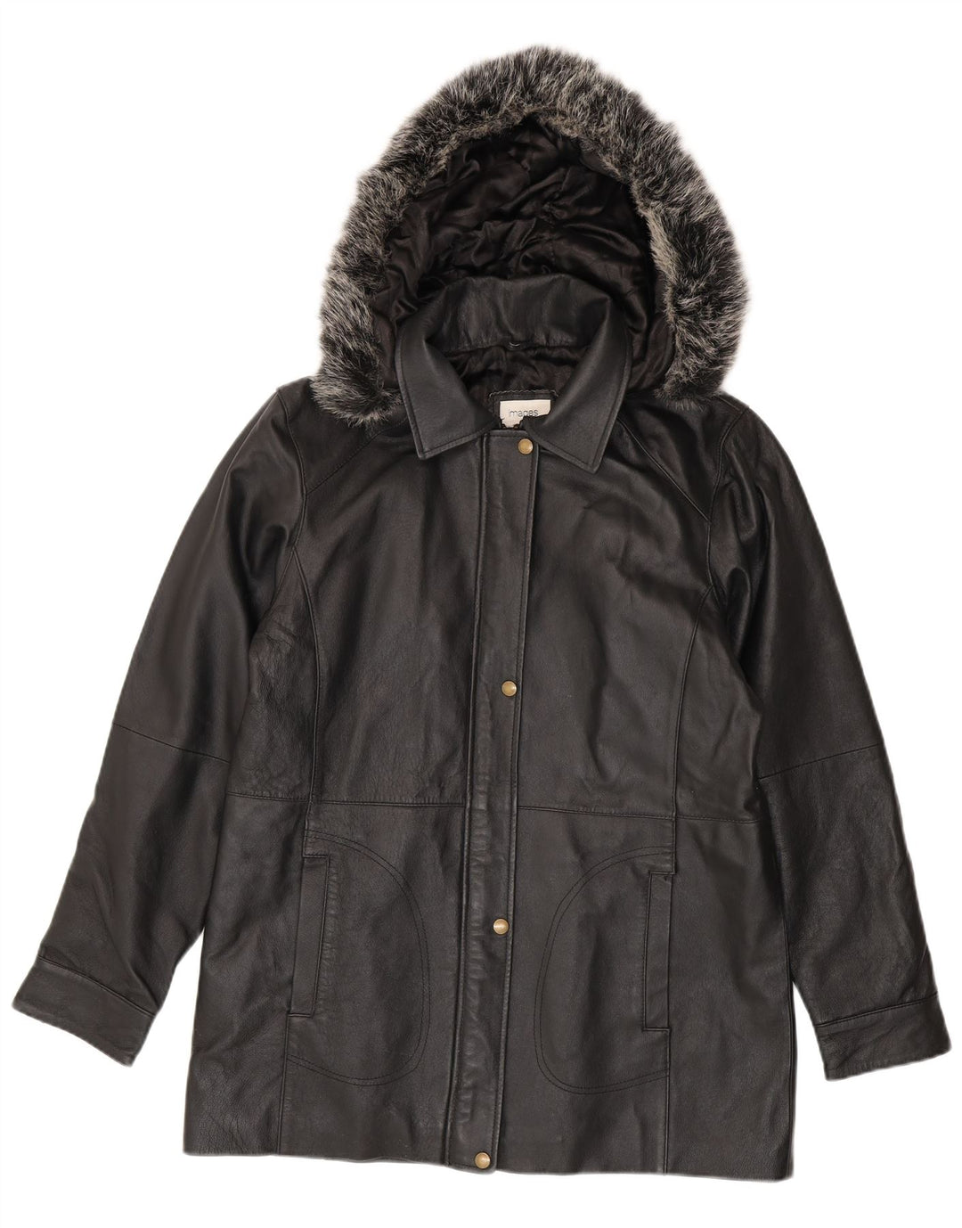 Giacca in pelle con cappuccio da donna vintage UK 14 media nera