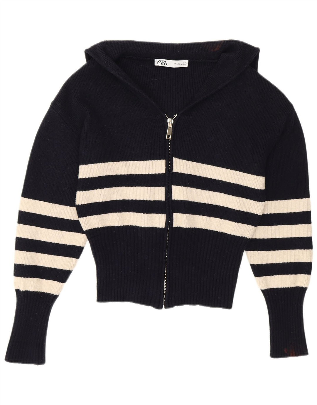 Maglione cardigan corto da donna Zara piccolo in viscosa a righe blu navy