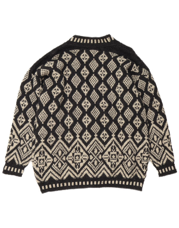 Maglione cardigan da donna vintage UK 16 grande Fair Isle nero