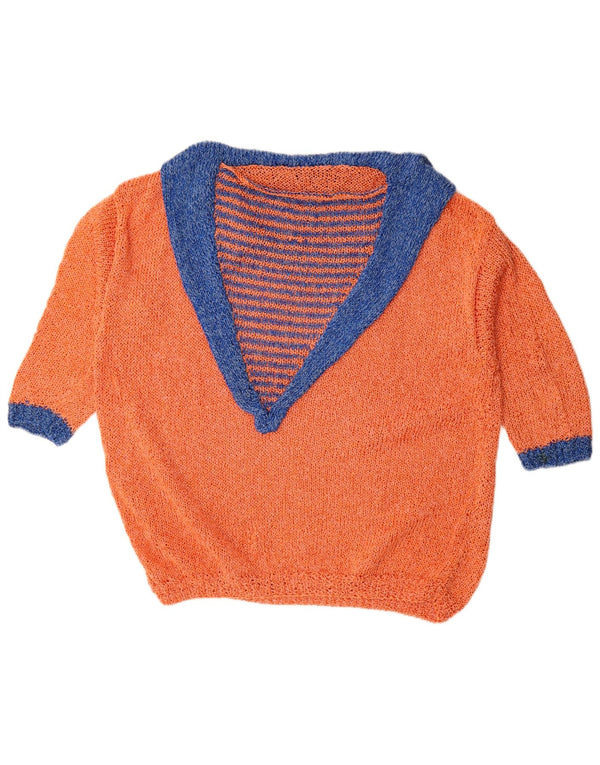 Maglione vintage da donna con collo a polo e maniche a 3/4 UK 22 3XL a righe arancioni