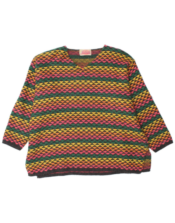 Maglione maglione vintage da donna con scollo a V UK 18 XL lana geometrica multicolore