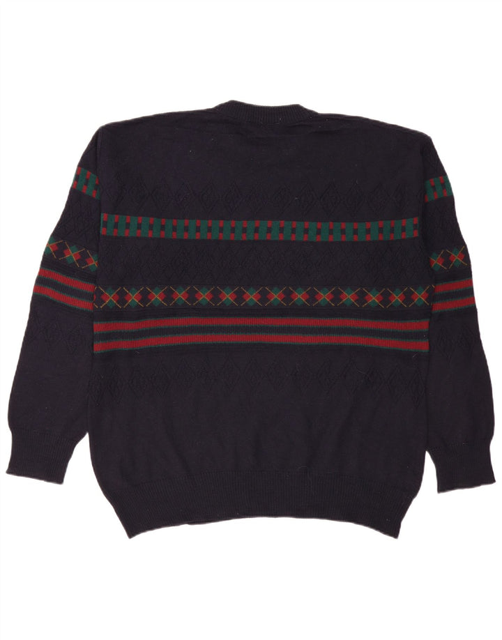 Maglione maglione collo alto da uomo VINTAGE IT 50 grande blu navy geometrico