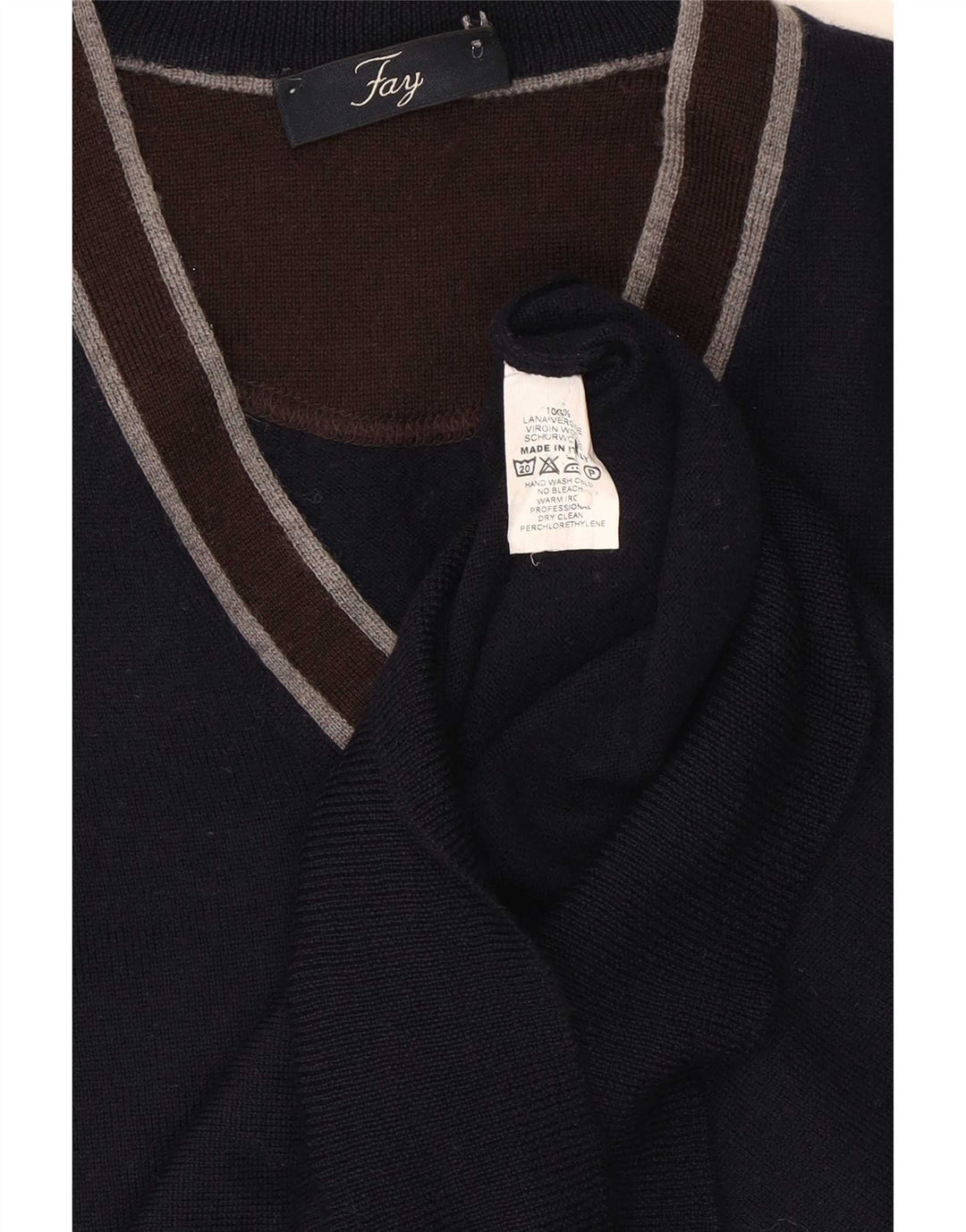 Maglione da uomo con scollo a V Fay, lana vergine color block medio blu navy