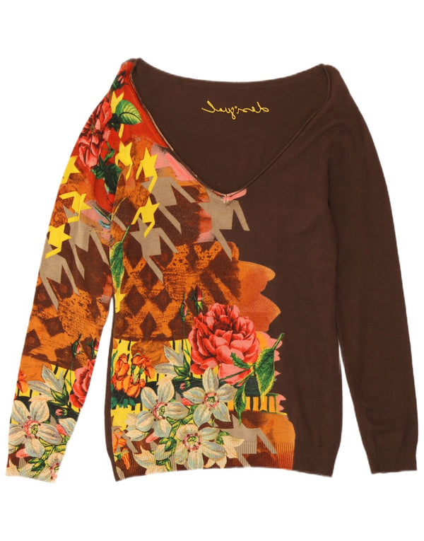 Desigual maglione da donna con scollo a V UK 14 grande marrone floreale