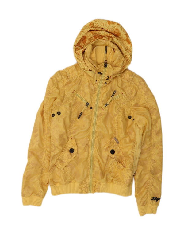 KHUJO Womens Graphic Hooded Bomber Jacket UK 14 Medium Yellow Polyester