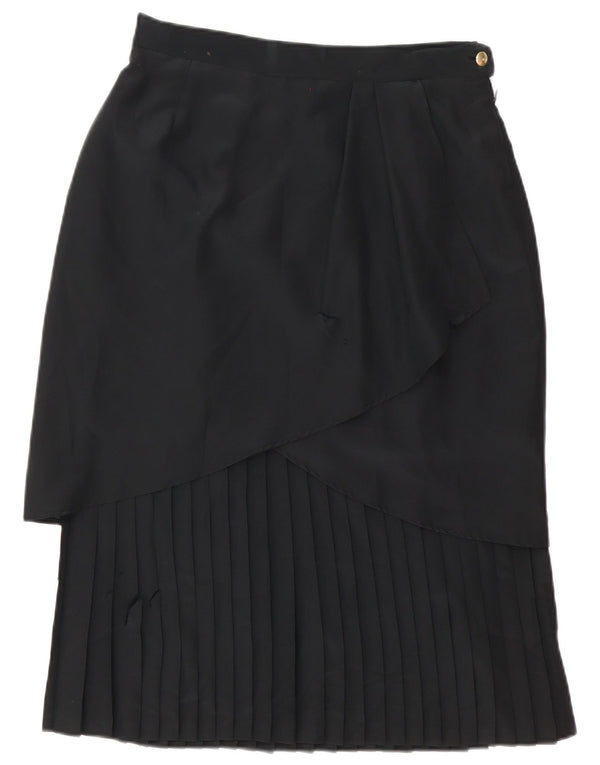 Gonna longuette a pieghe da donna vintage UK 14 media W30 poliestere nero