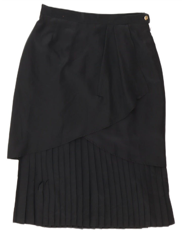 Gonna longuette a pieghe da donna vintage UK 14 media W30 poliestere nero