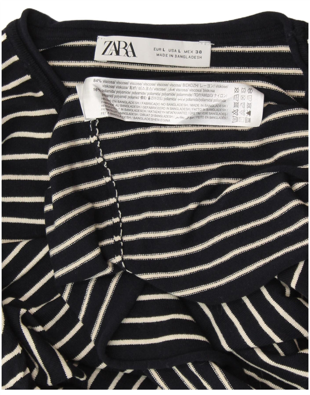 ZARA Maglione Girocollo da Donna UK 14 Grande Viscosa a Righe Blu Navy
