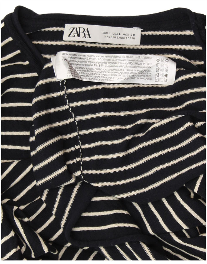ZARA Maglione Girocollo da Donna UK 14 Grande Viscosa a Righe Blu Navy