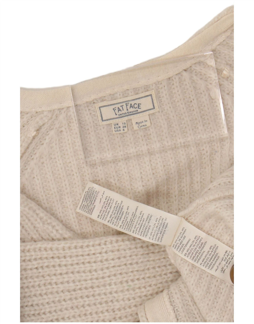 FAT FACE Maglione cardigan oversize corto da donna UK 10 Piccolo nylon bianco