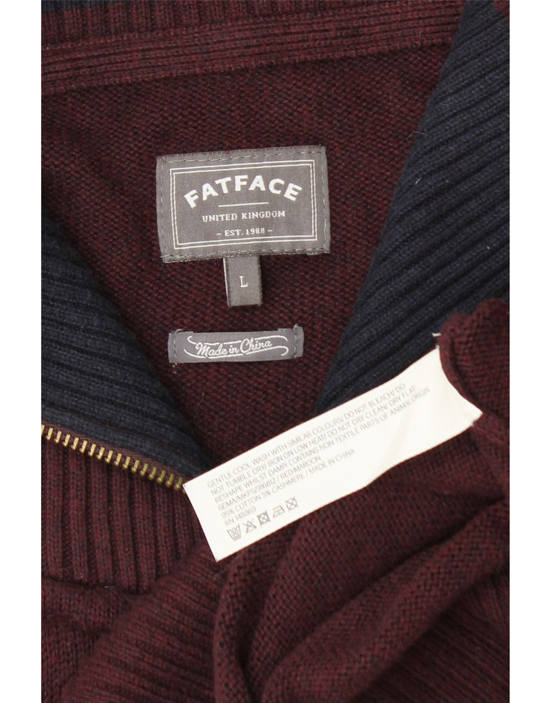 FAT FACE Maglione da uomo con zip e collo grande in cotone bordeaux