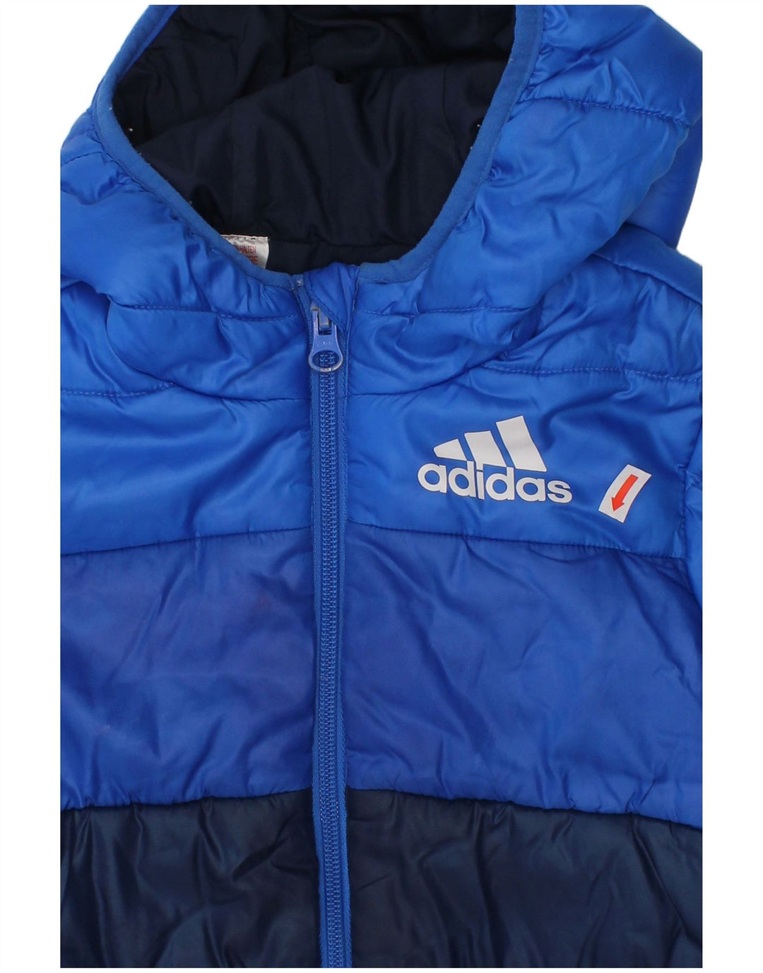 ADIDAS Boys Hooded Padded Jacket 5-6 Years Blue Colourblock Polyester