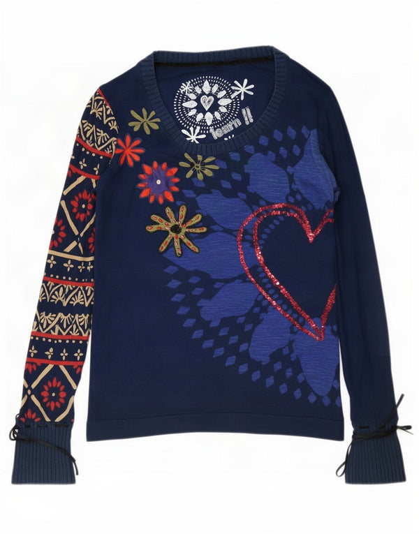 Desigual Donna Camicetta Top UK 18 XL Blu Navy Floreale Viscosa